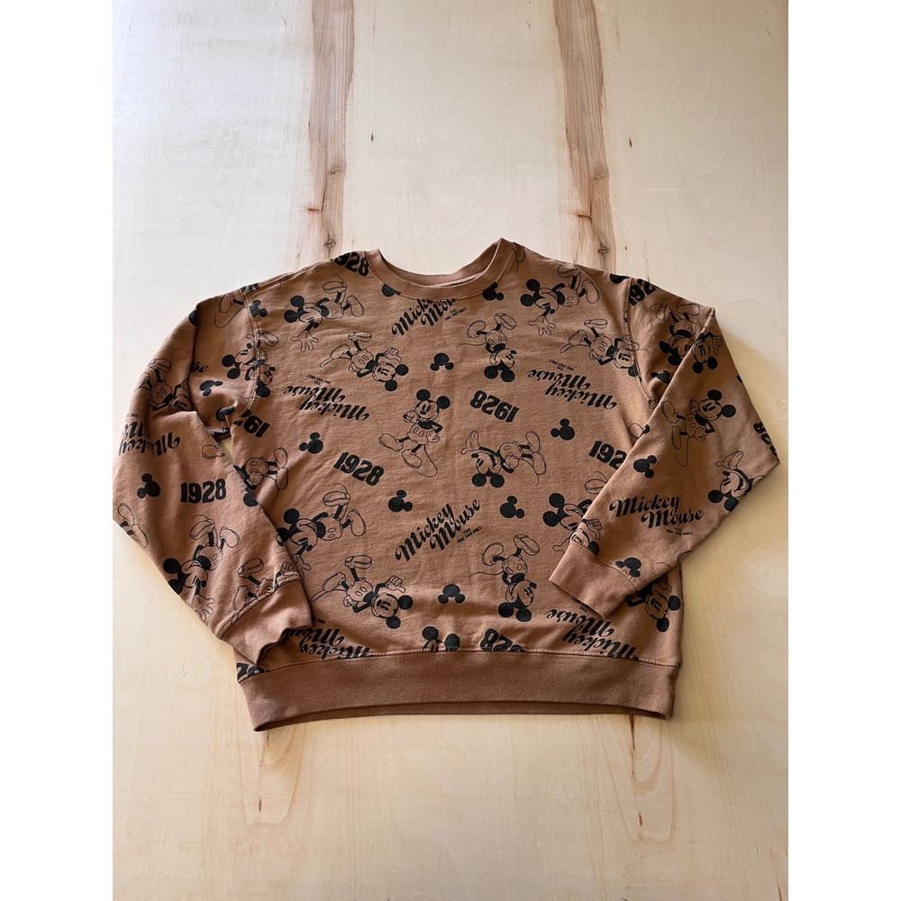 Disney Mickey Mouse All Over Print Sweatshirt Brown 1928 Graphic Crewneck Medium